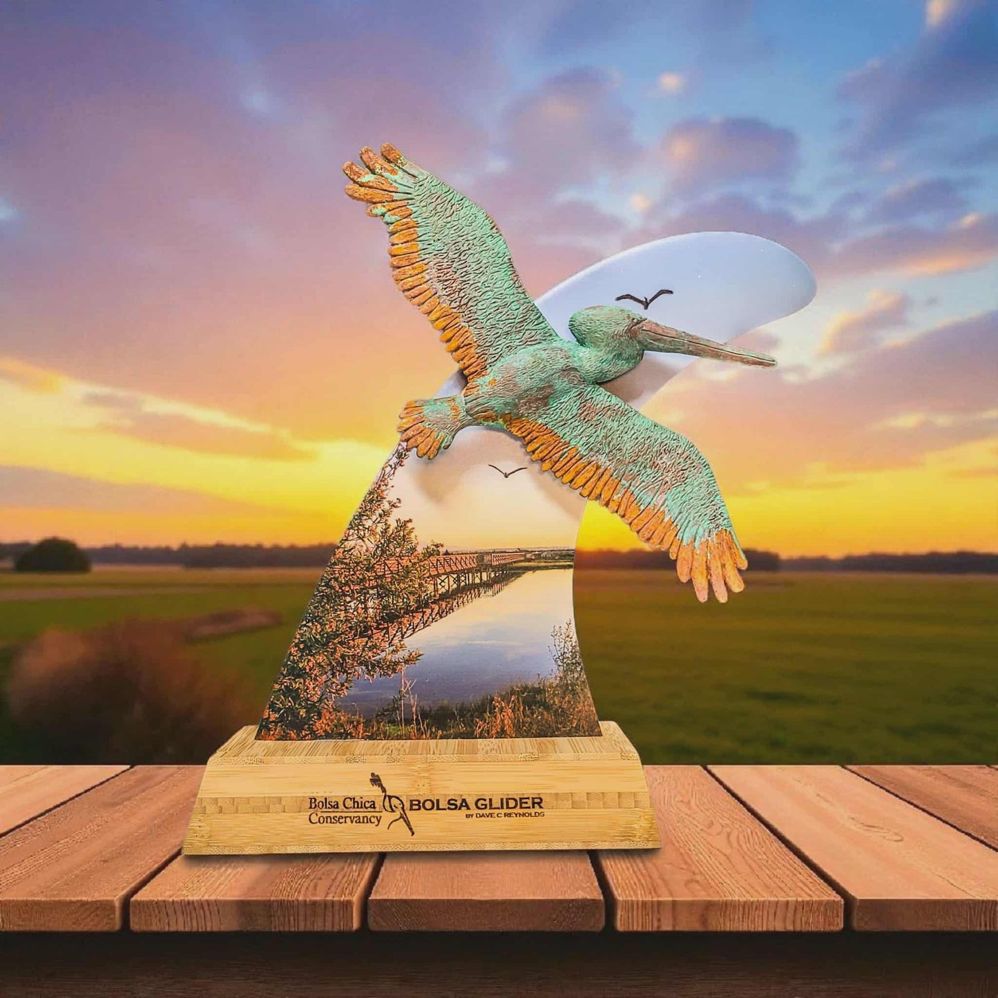 Bolsa Glider Surfboard Fin & Pelican Sculpture by Dave C Reynolds