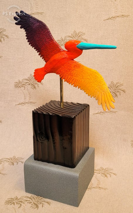 Tequila Sunrise Pelican Sculpture by Dave C Reynolds and Sam Bernal