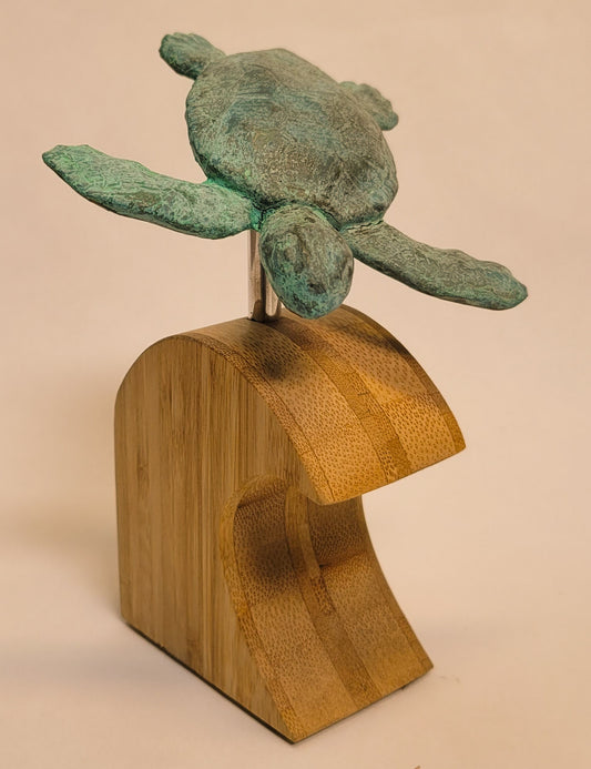 Baby Sea Turtle on Bamboo Wave Sculpture Trophy by Dave C Reynolds